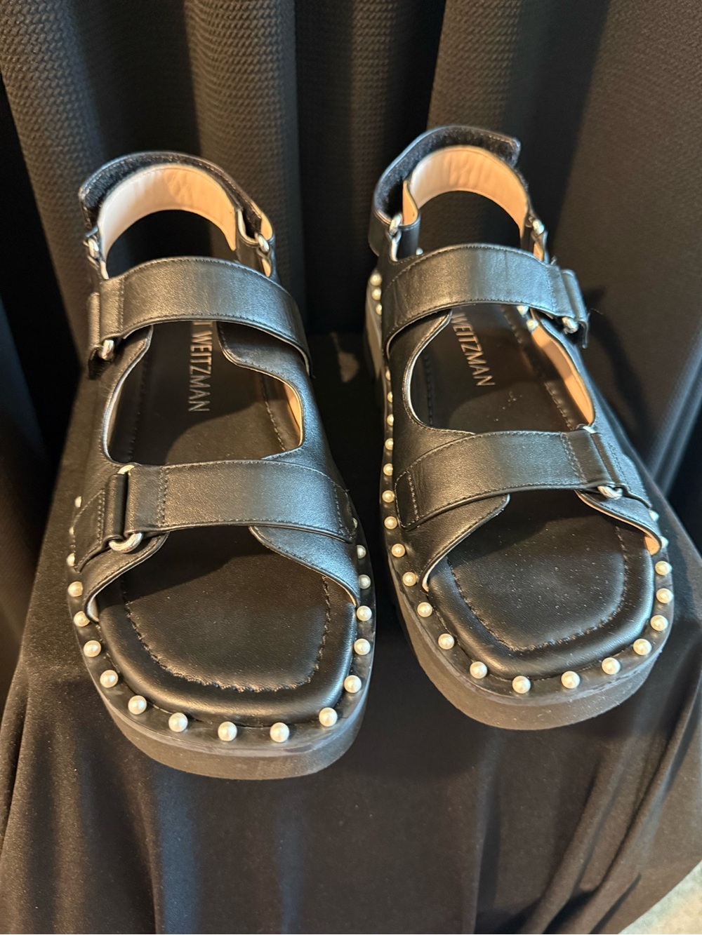 Stuart Weitzman Black Pearl-Studded Kids Sandals